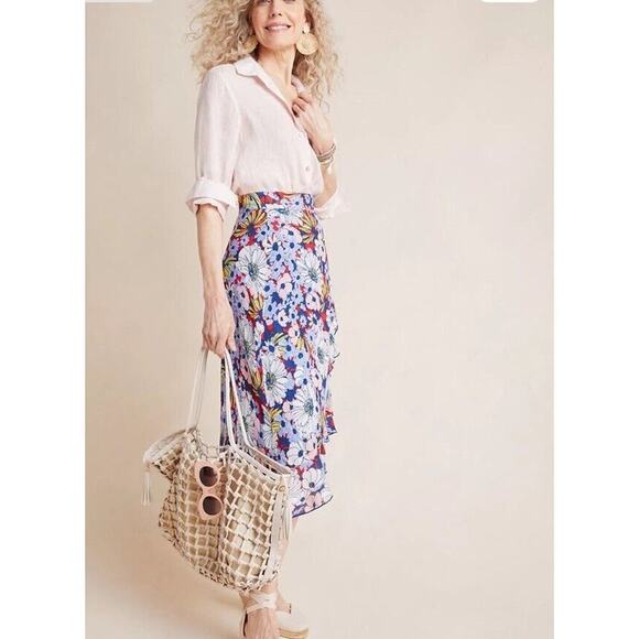 Anthropologie Maeve Sybil Wrap Skirt Size XS Floral Tie Waist Ruffle Hem Midi - Picture 3 of 16